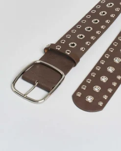 Cintura alta marrone Hlo! in similpelle con borchie in metallo all over