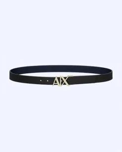 Cintura Armani Exchange nera in pelle reversibile in blu con fibbia AX in metallo dorato