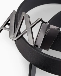 Cintura Armani Exchange nera in pelle reversibile in antracite con fibbia AX in metallo