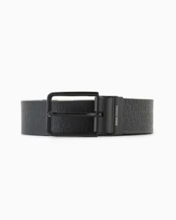 Cintura Armani Exchange nera in pelle con logo all over reversibile in grigio