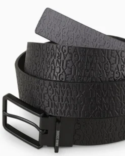 Cintura Armani Exchange nera in pelle con logo all over reversibile in grigio