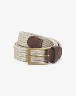 Cintura beige in tessuto elastico intrecciato con fibbia in metallo dorato