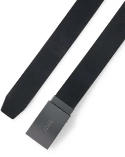 Cintura Boss nera in pelle con fibbia a placca in metallo opaco