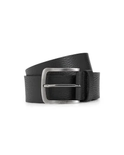 Cintura Boss nera in pelle martellata con fibbia in metallo argento e logo inciso