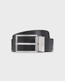 Cintura Boss Otano in pelle liscia nera reversibile in pelle martellata blu