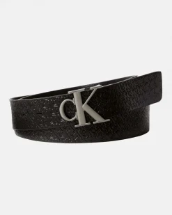 Cintura Calvin Klein Jeans nera in pelle con logo monogramma in rilievo all over