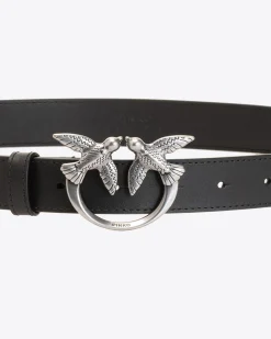 Cintura in pelle liscia nera con fibbia Love Birds argento 3cm
