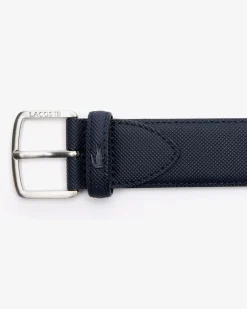 Cintura Lacoste blu in canvas piqué con fibbia argento