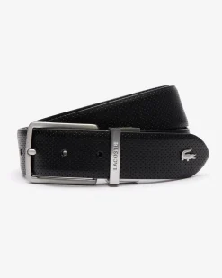 Cintura Lacoste nera in pelle traforata reversibile in blu