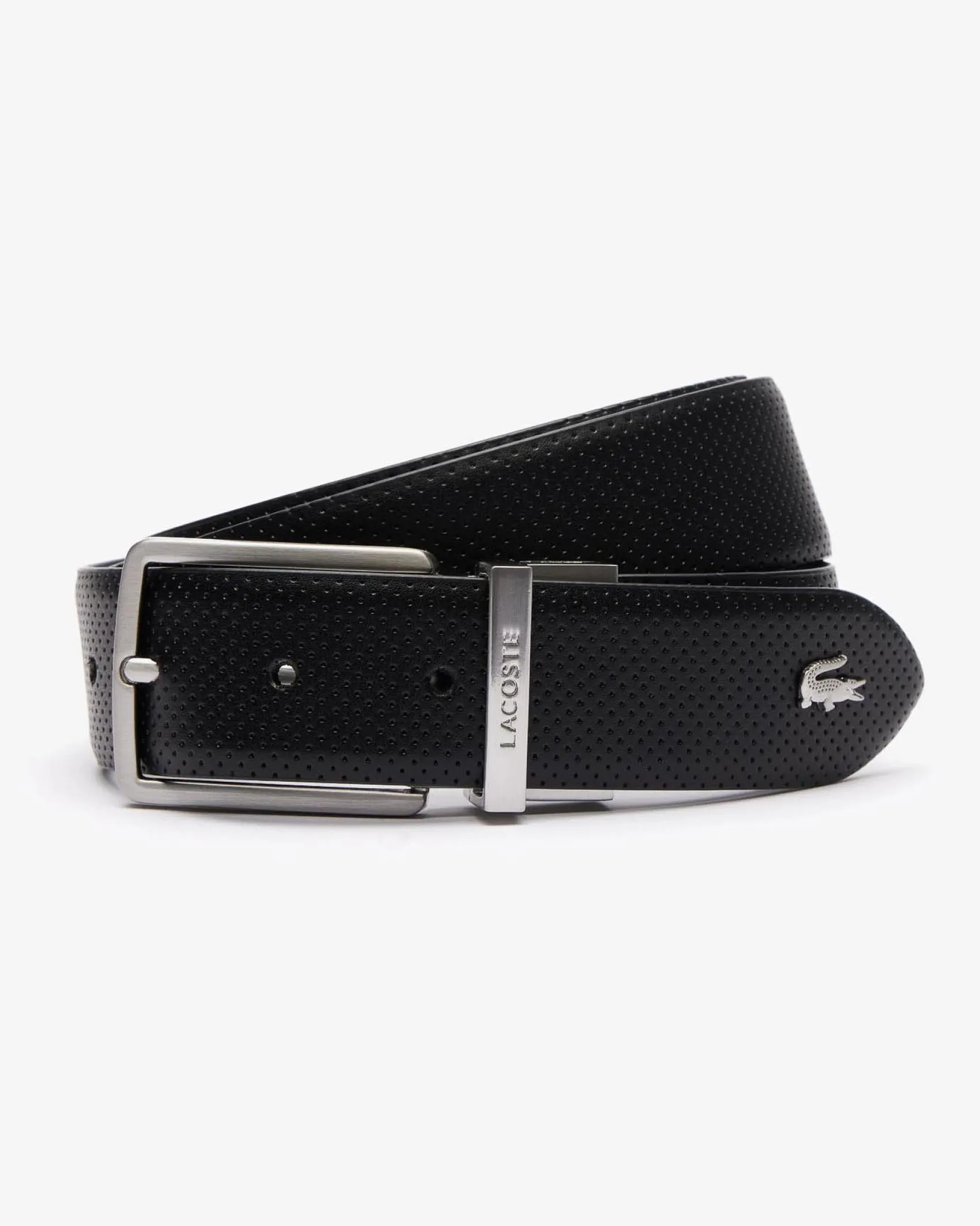 Cintura Lacoste nera in pelle traforata reversibile in blu