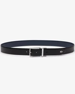 Cintura Lacoste nera in pelle traforata reversibile in blu
