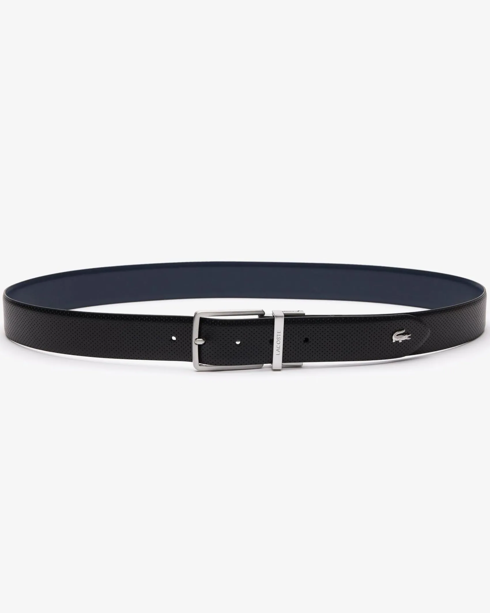 Cintura Lacoste nera in pelle traforata reversibile in blu