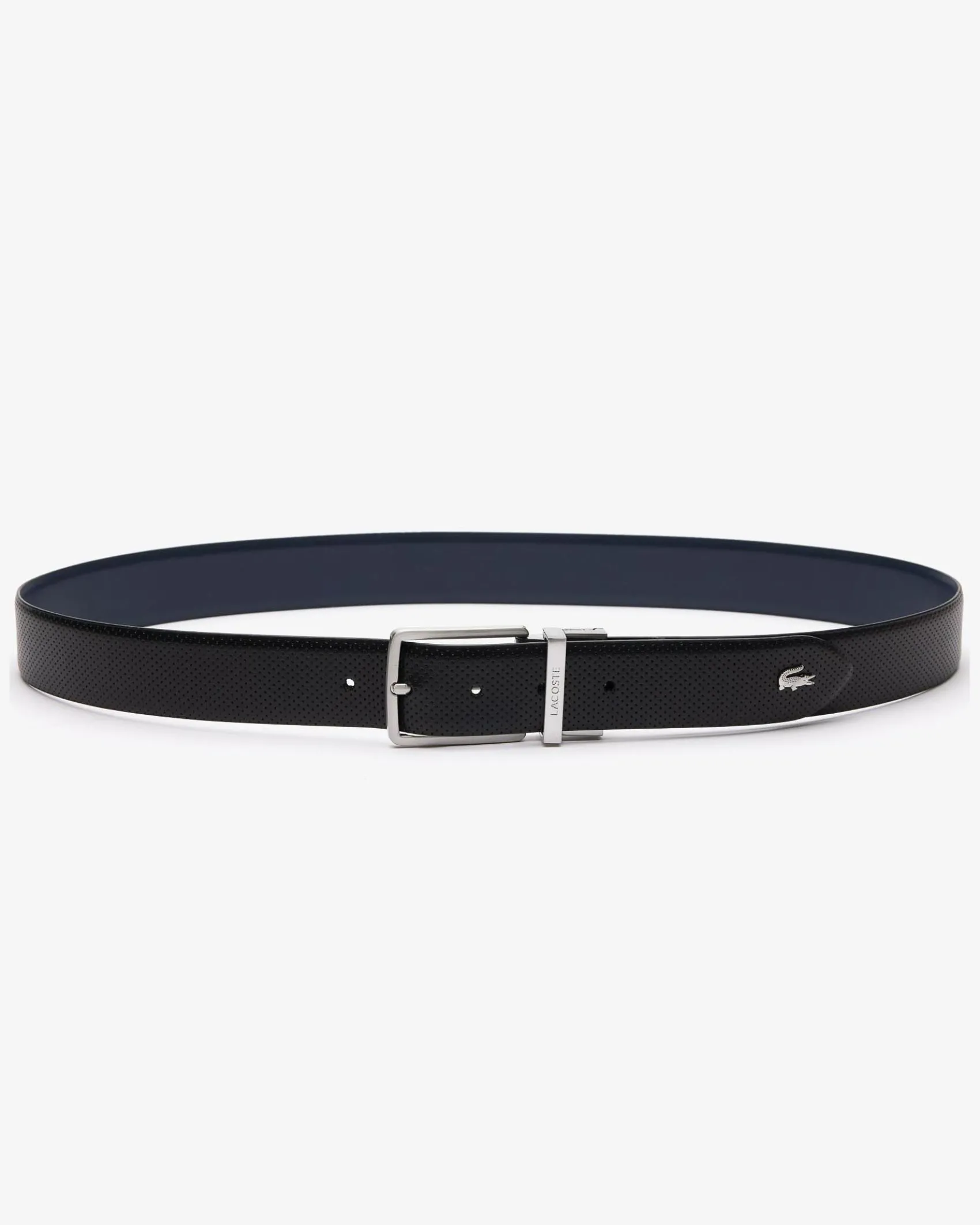Cintura Lacoste nera in pelle traforata reversibile in blu