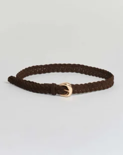 Cintura marrone Hlo! in similpelle effetto suede intrecciata con fibbia dorata