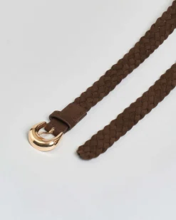 Cintura marrone Hlo! in similpelle effetto suede intrecciata con fibbia dorata