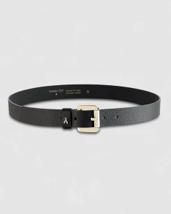 Cintura nera in pelle con fibbia dorata con scritta logo impressa e Fly applicata sul davanti