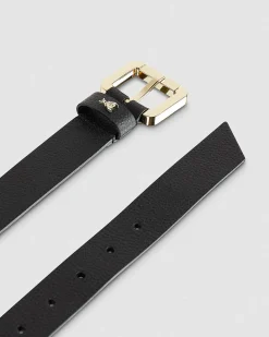 Cintura nera in pelle con fibbia dorata con scritta logo impressa e Fly applicata sul davanti