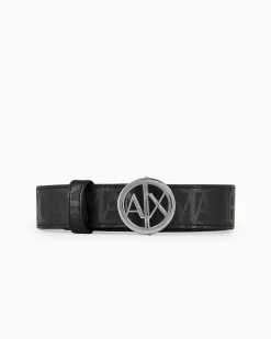 Cintura nera in similpelle con scritta logo all over e fibbia tonda in metallo