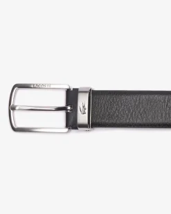 Cintura set regalo nera Lacoste in pelle martellata con doppia fibbia in metallo argento e brunito