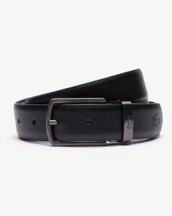 Cintura set regalo nera Lacoste in pelle martellata con doppia fibbia in metallo argento e brunito