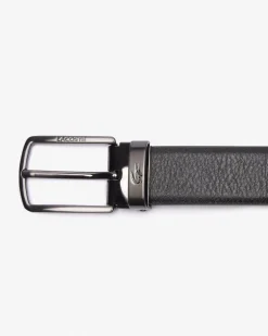 Cintura set regalo nera Lacoste in pelle martellata con doppia fibbia in metallo argento e brunito