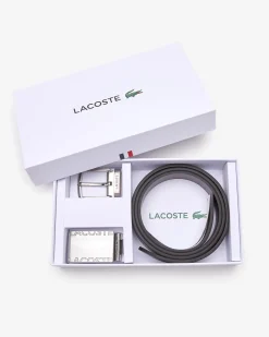 Cintura set regalo nera o marrone Lacoste con doppia fibbia in metallo argento