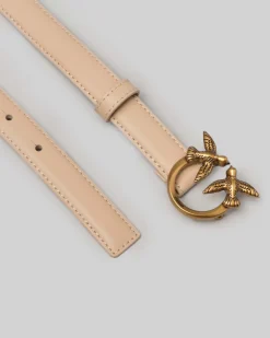 Cintura sottile beige in pelle con fibbia Love Birds dorata 2 cm