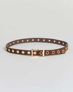 Cintura sottile Hlo! color taupe in similpelle liscia con borchie in metallo dorato