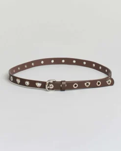 Cintura sottile Hlo! marrone in similpelle liscia con borchie in metallo rotonde e a cuore