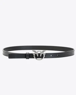 Cintura sottile nera in pelle con fibbia Love Birds argento 2 cm