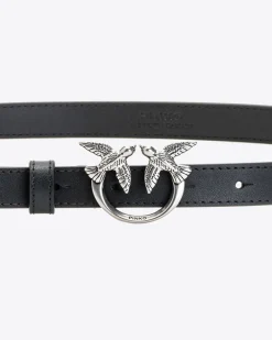 Cintura sottile nera in pelle con fibbia Love Birds argento 2 cm