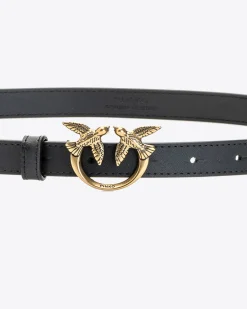 Cintura sottile nera in pelle con fibbia Love Birds dorata 2 cm