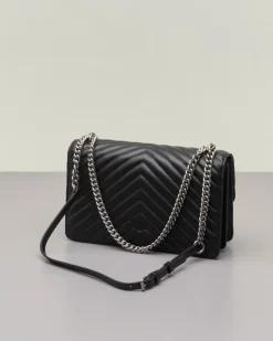 Classic Bag Chevron in pelle nera con fibbia Love Birds argento e tracolla a catena regolabile