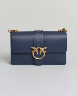 Classic Love Bag One blu in pelle liscia con fibbia Love Birds dorata e tracolla a catena rimovibile