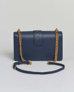 Classic Love Bag One blu in pelle liscia con fibbia Love Birds dorata e tracolla a catena rimovibile