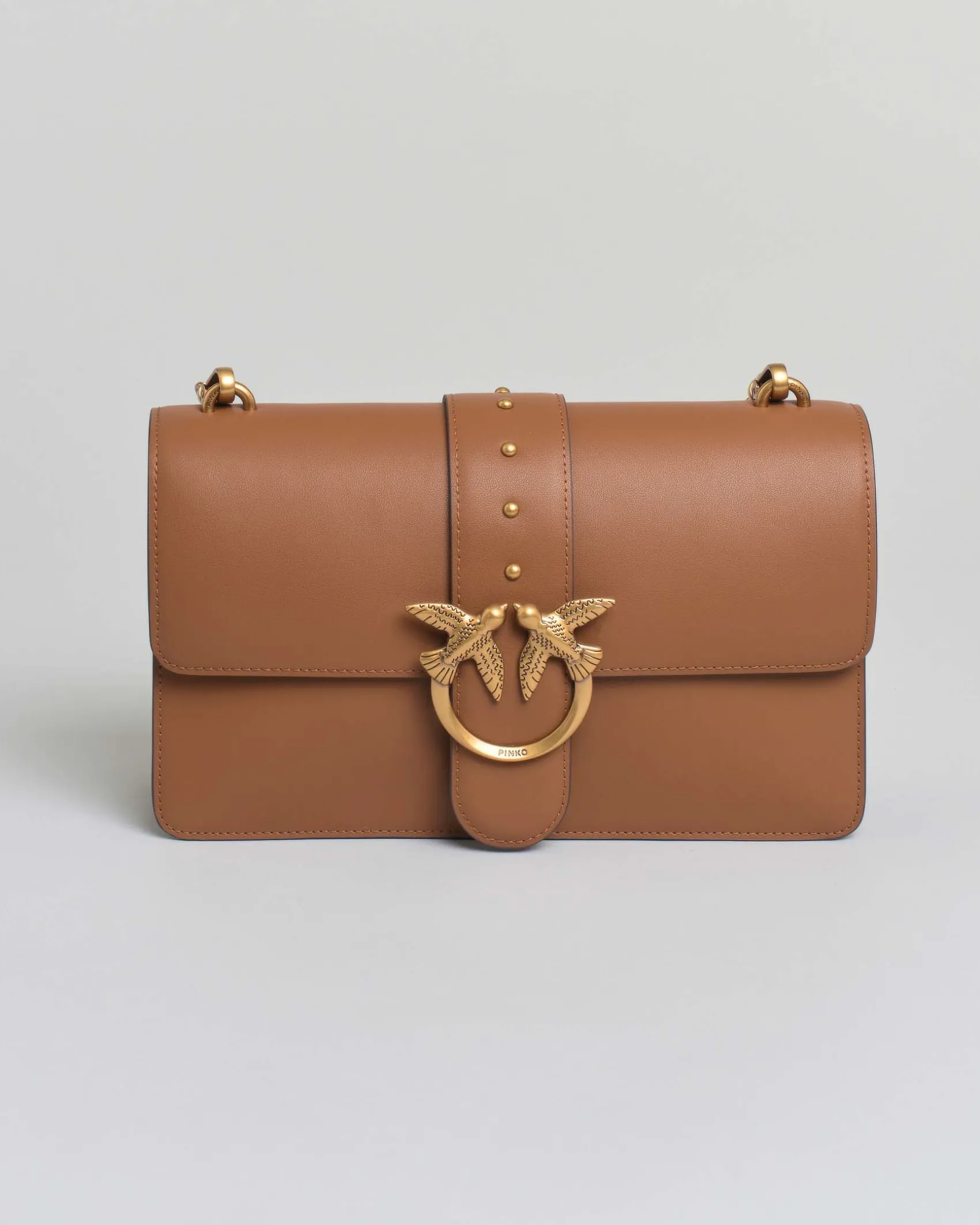 Classic Love Bag One color cuoio in pelle liscia con fibbia Love Birds dorata e tracolla a catena rimovibile