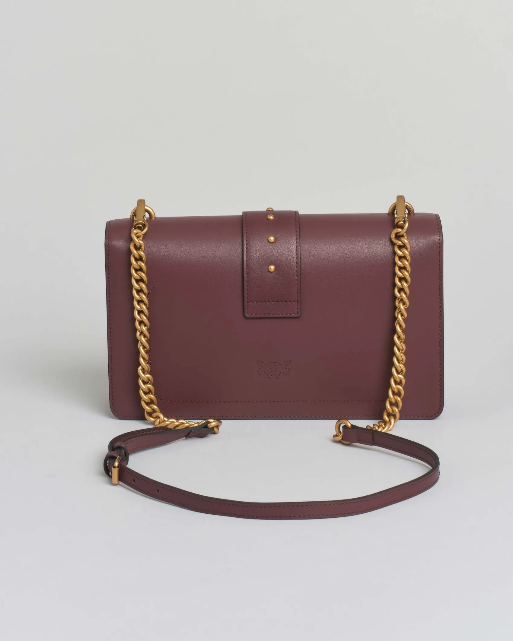 Classic Love Bag One color vino in pelle liscia con fibbia Love Birds dorata e tracolla a catena rimovibile