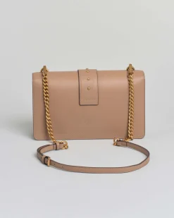 Classic Love Bag One color cammello in pelle liscia con fibbia Love Birds dorata e tracolla a catena rimovibile