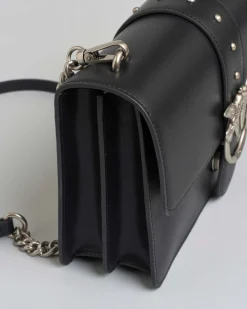 Classic Love Bag One nera in pelle liscia con fibbia Love Birds argento e tracolla a catena rimovibile