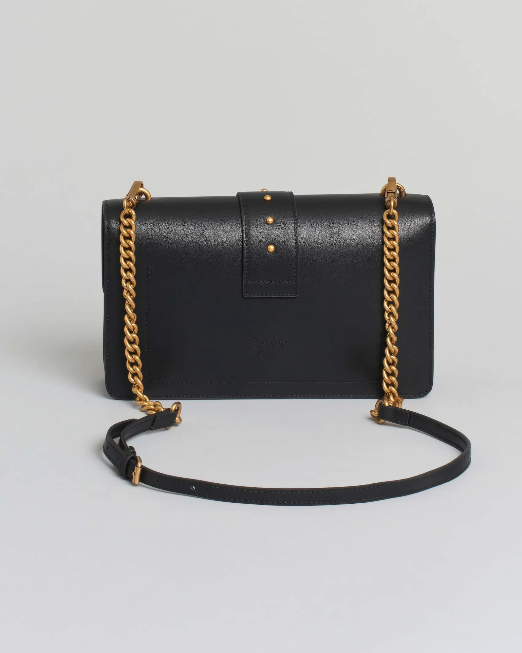 Classic Love Bag One nera in pelle liscia con fibbia Love Birds dorata e tracolla a catena rimovibile