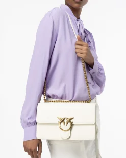 Classic Love Bag One Simply bianca in pelle liscia con fibbia Love Birds dorata e tracolla a catena regolabile