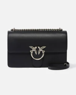 Classic Love Bag one Simply in pelle liscia nera con fibbia argento Love Birds e tracolla a catena regolabile
