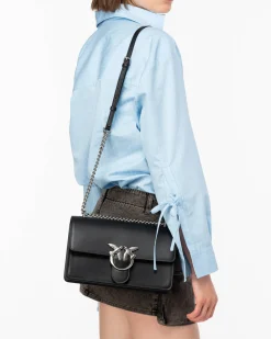 Classic Love Bag one Simply in pelle liscia nera con fibbia argento Love Birds e tracolla a catena regolabile