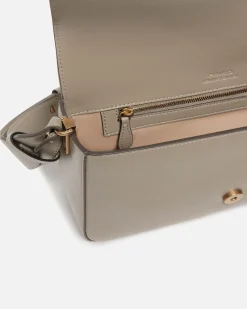 Classic Love Bag One Slouchy Pinko color taupe in pelle liscia con fibbia Love Birds dorata