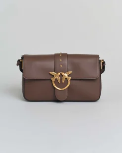 Classic Love Bag One Slouchy Pinko marrone in pelle liscia con fibbia Love Birds dorata