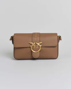Classic Love Bag One Slouchy Pinko color cuoio in pelle liscia con fibbia Love Birds dorata