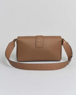 Classic Love Bag One Slouchy Pinko color cuoio in pelle liscia con fibbia Love Birds dorata
