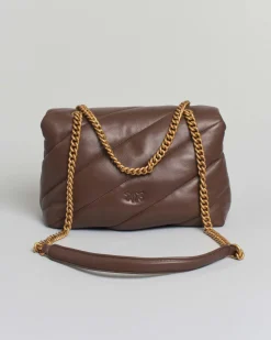 Classic Love Bag Puff Maxi Quilt Pinko marrone con fibbia Love Birds e tracolla a catena dorata