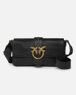 Classic Love Bag Slouchy in pelle nera con tracolla spessa e fibbia Love Birds dorata