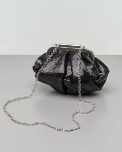 Clutch nera in paillettes con pieghe e chiusura a scatto in metallo